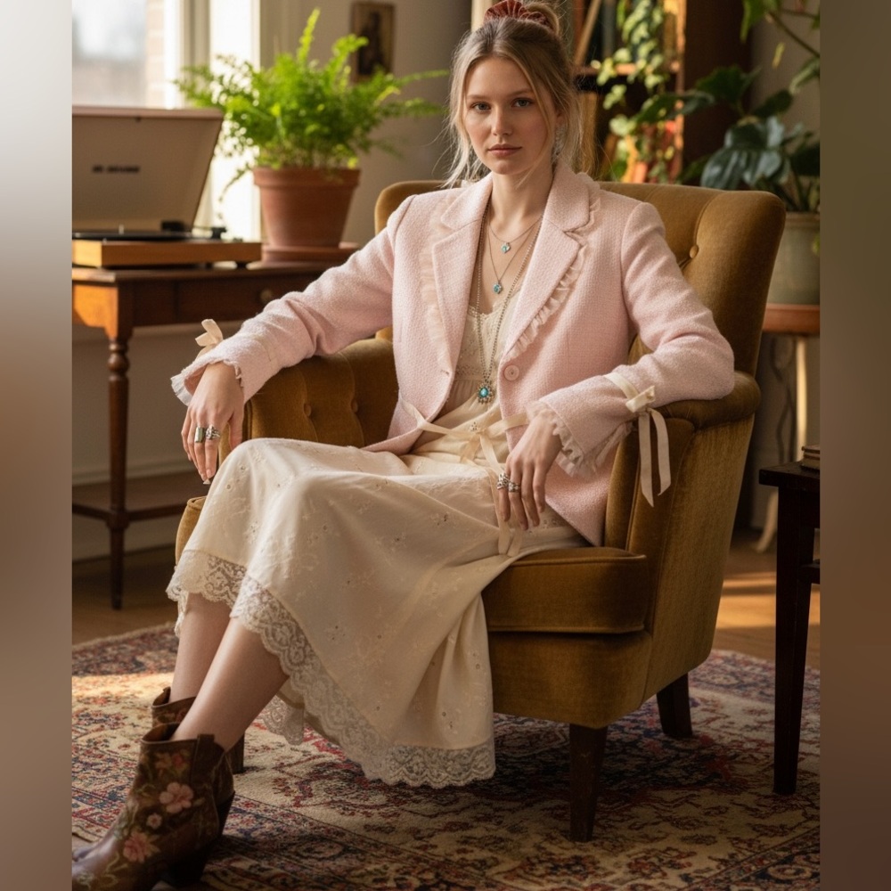 Vintage 1995 NWT Laundry Tulle Ruffle Trim Tweed Blazer in Pastel Pink Sz 4 - Picture 5 of 16